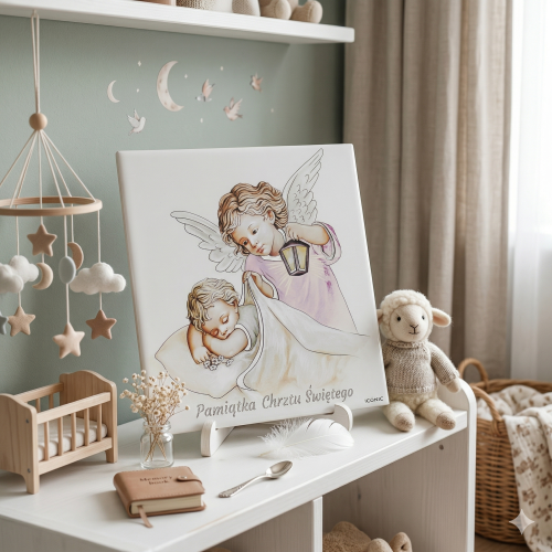 Obraz sakralny ICONIC™ – Anioł Stróż różowy 28×28 cm – srebrzone detale 3D