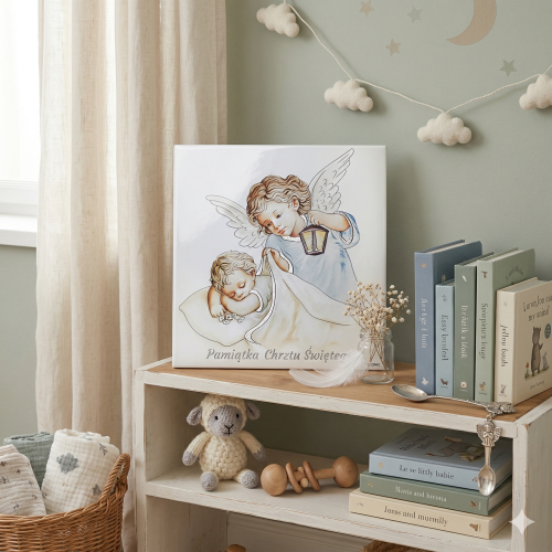 Obraz sakralny ICONIC™ – Anioł Stróż niebieski 28×28 cm – srebrzone detale 3D