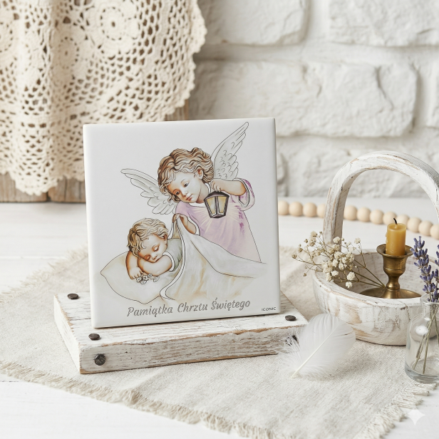 Obraz sakralny ICONIC™ – Anioł Stróż różowy 28×28 cm – srebrzone detale 3D