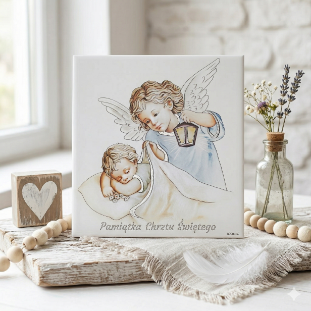 Obraz sakralny ICONIC™ – Anioł Stróż niebieski 28×28 cm – srebrzone detale 3D