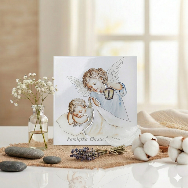 Obraz sakralny ICONIC™ – Anioł Stróż niebieski 28×28 cm – srebrzone detale 3D