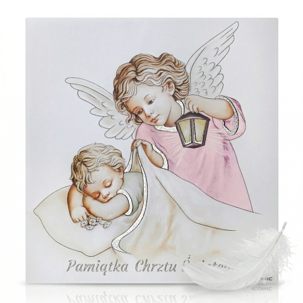 Obraz sakralny ICONIC™ – Anioł Stróż różowy 28×28 cm – srebrzone detale 3D