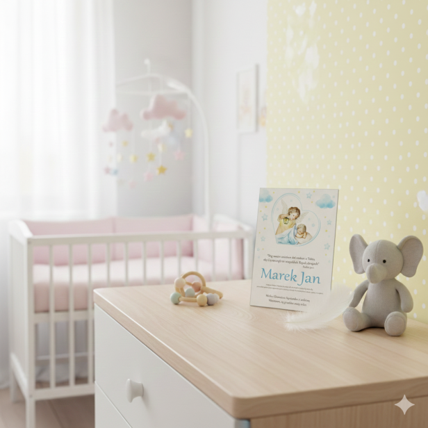 Obraz sakralny – Anioł Stróż z Latarenką Baby Blue 15×20 cm | Linia ICONIC™