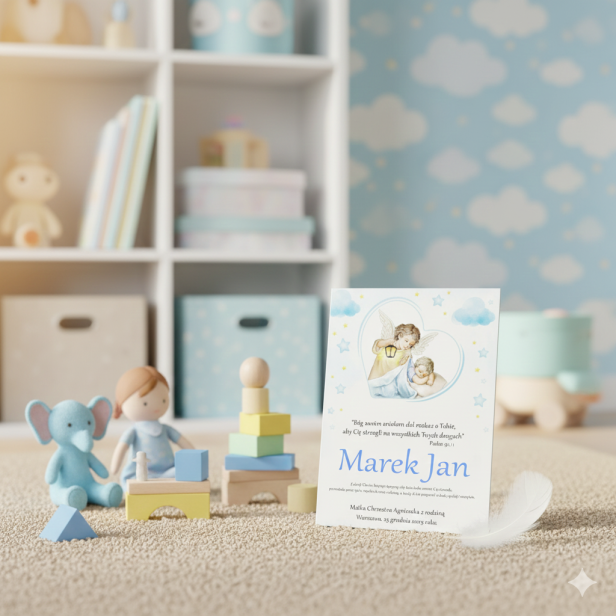 Obraz sakralny – Anioł Stróż z Latarenką Baby Blue 15×20 cm | Linia ICONIC™