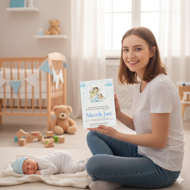 Obraz sakralny – Anioł Stróż z Latarenką Baby Blue 15×20 cm | Linia ICONIC™