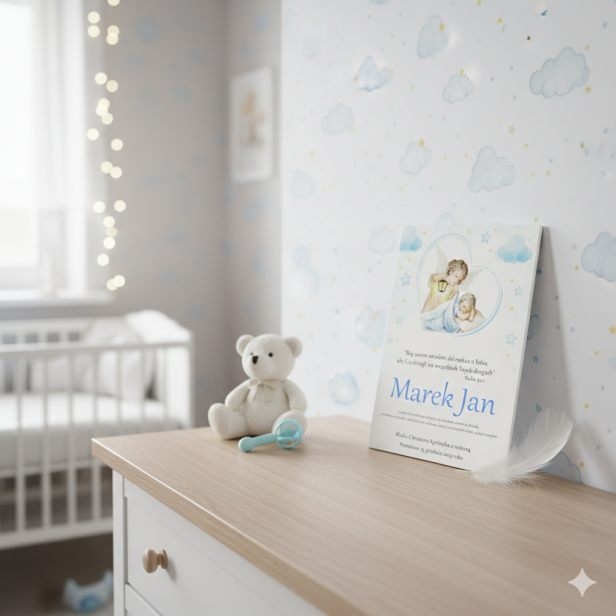 Obraz sakralny – Anioł Stróż z Latarenką Baby Blue 15×20 cm | Linia ICONIC™