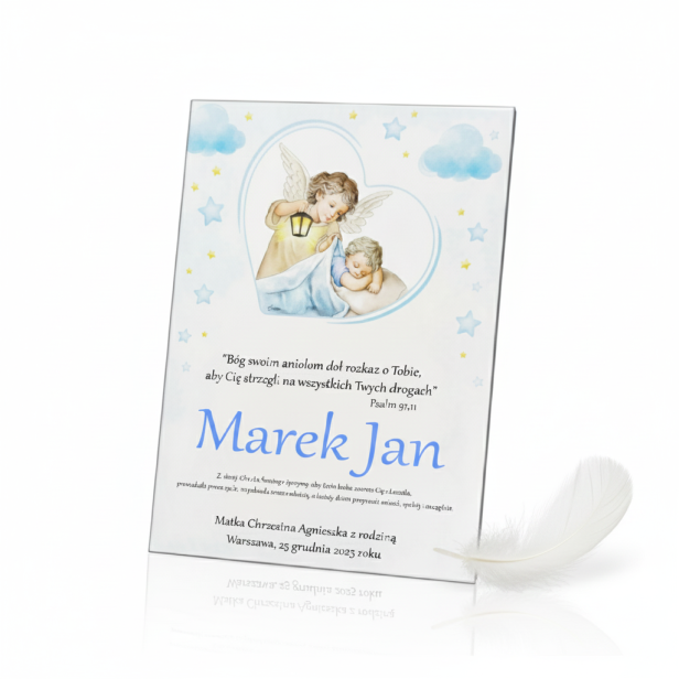 Obraz sakralny – Anioł Stróż z Latarenką Baby Blue 15×20 cm | Linia ICONIC™