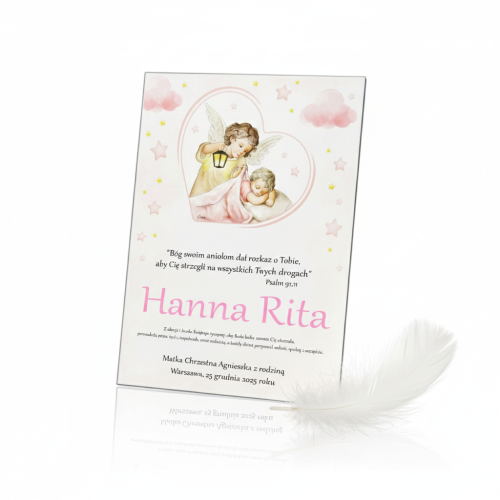 Obraz sakralny – Anioł Stróż z Latarenką Royal Pink 15×20 cm | Linia ICONIC™