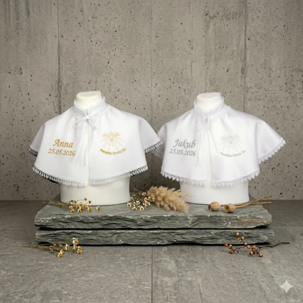 Możliwość personalizacji - Szatka do Chrztu dla starszego dziecka – pelerynka z haftem Duch Święty | Linia SIGNUM