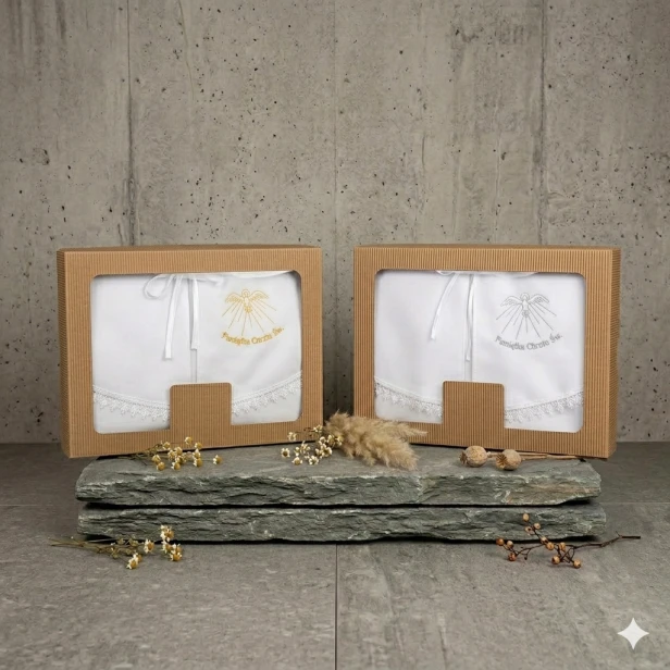 Opcjonalne pudełko prezentowe - Szatka do Chrztu dla starszego dziecka – pelerynka z haftem Duch Święty | Linia SIGNUM