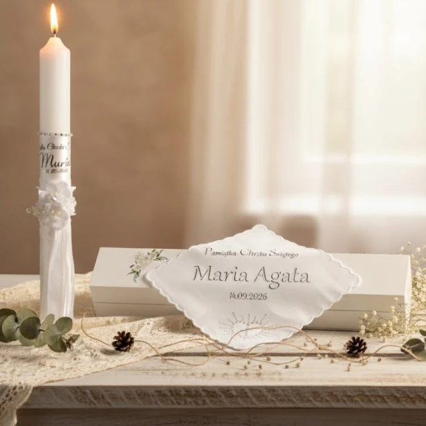 Zestaw do Chrztu Świeca Szatka Pudełko na Chrzest Esencja Blasku aranżacja