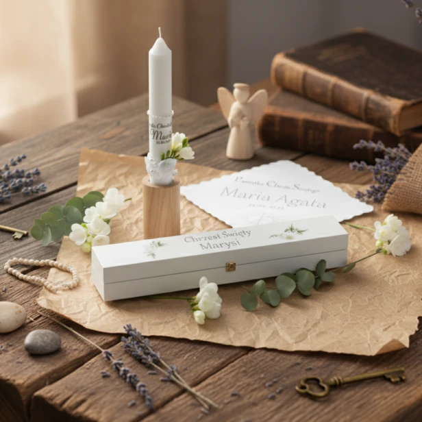 Zestaw do Chrztu Świeca Szatka Pudełko na Chrzest Esencja Blasku aranżacja