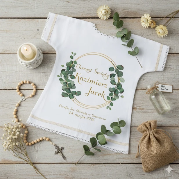 Szatka na Chrzest EUKALIPTUS – personalizowana koszulka z nadrukiem aranżacja