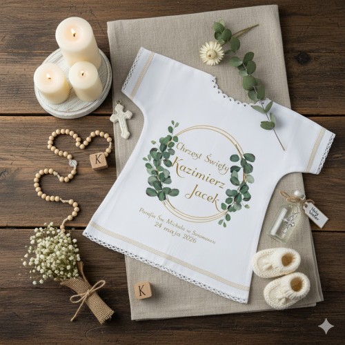 Szatka na Chrzest EUKALIPTUS – personalizowana koszulka z nadrukiem aranżacja
