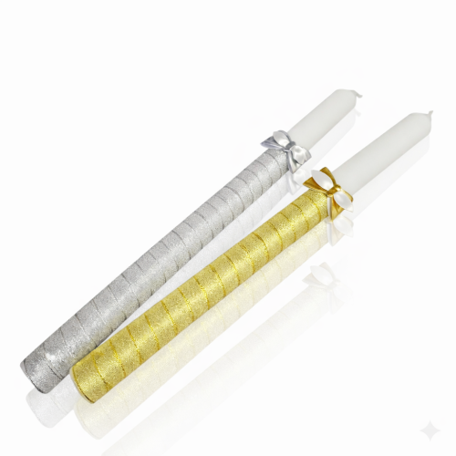 Białe świece z brokatowymi wstążkami - Świeca gromnica „Blask wiary” – pamiątka Chrztu i Komunii (srebra/złota)