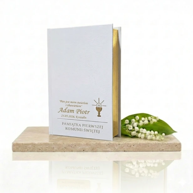 Nadruk -  Skarbczyk komunijny biały złocony IHS z personalizacją – Pamiątka I Komunii Świętej