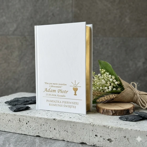 Skarbczyk komunijny biały złocony IHS z personalizacją – Pamiątka I Komunii Świętej