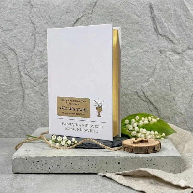 Skarbczyk komunijny biały złocony IHS z personalizacją – Pamiątka I Komunii Świętej