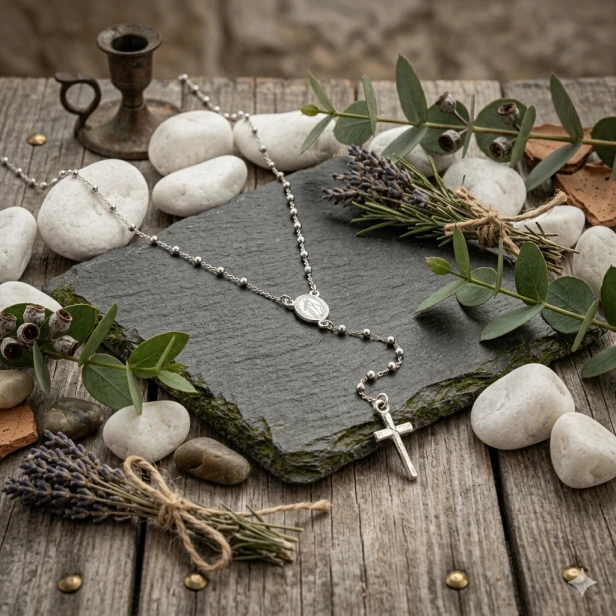 Srebrny różaniec pr.925, Cudowny Medalik - naszyjnik | Symbol wiary i elegancji
