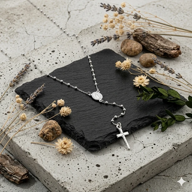 Srebrny różaniec pr.925, Cudowny Medalik - naszyjnik | Symbol wiary i elegancji