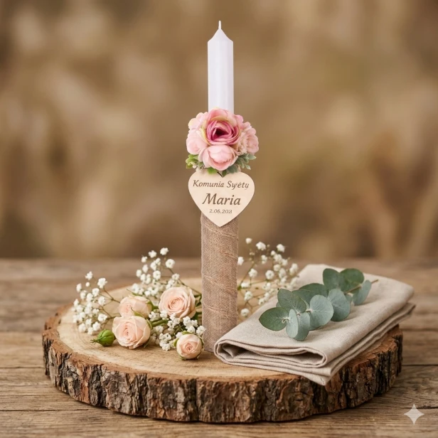 Świeca komunijna z drewnianym serduszkiem i kwiatami – personalizowana | Linia PURE BLOOM™