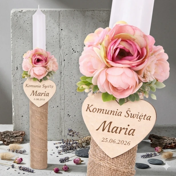 Świeca komunijna z drewnianym serduszkiem i kwiatami – personalizowana | Linia PURE BLOOM™