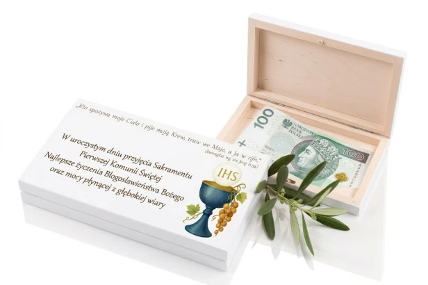 Białe drewniane pudełko komunijne na banknoty – elegancki prezent Komunia Święta