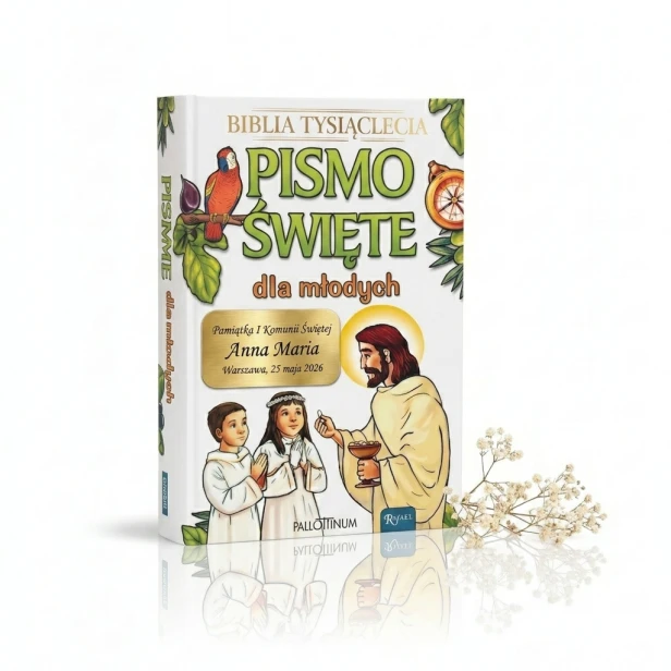 Pismo Święte dla młodych – Biblia Tysiąclecia z papugą, grawer na Komunię