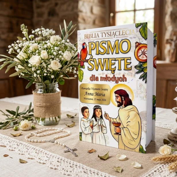 Pismo Święte dla młodych z grawerem – personalizowana Biblia komunijna