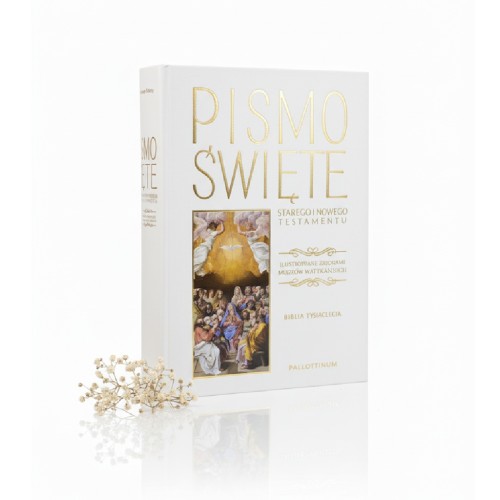 Biblia Tysiąclecia w eleganckiej białej oprawie z grawerem | Pismo Święte ST i NT | Prezent religijny i pamiątka sakramentalna