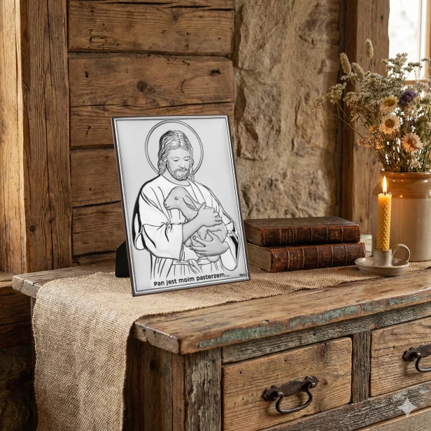 Obrazek srebrny „Pan jest moim Pasterzem” – Chrystus Dobry Pasterz 20×15 cm | ARGENTO SACRO™