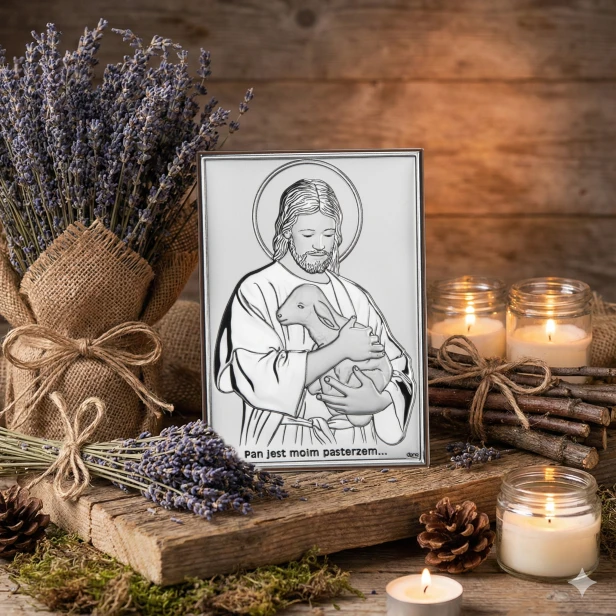 Obrazek srebrny „Pan jest moim Pasterzem” – Chrystus Dobry Pasterz 20×15 cm | ARGENTO SACRO™
