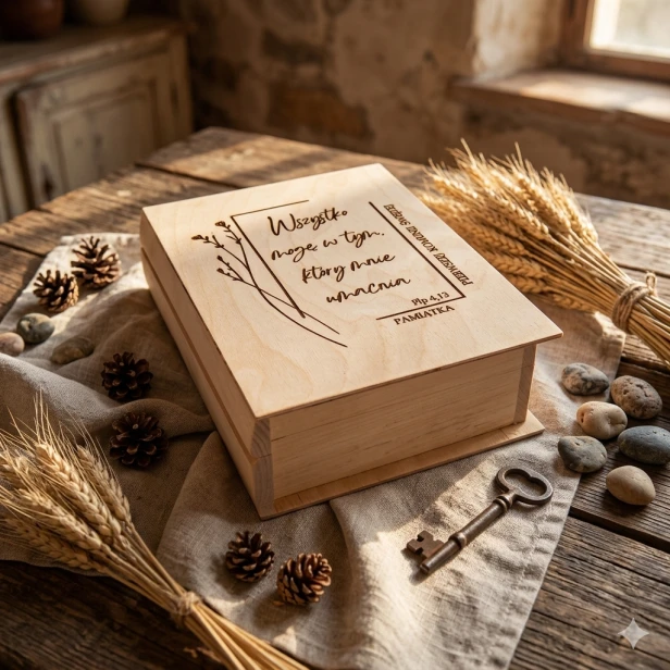 Drewniane pudełko komunijne ELEGANCE z grawerem – LIPOWY BOX IHS™
