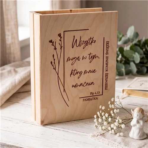 Drewniane pudełko komunijne ELEGANCE z grawerem – LIPOWY BOX IHS™