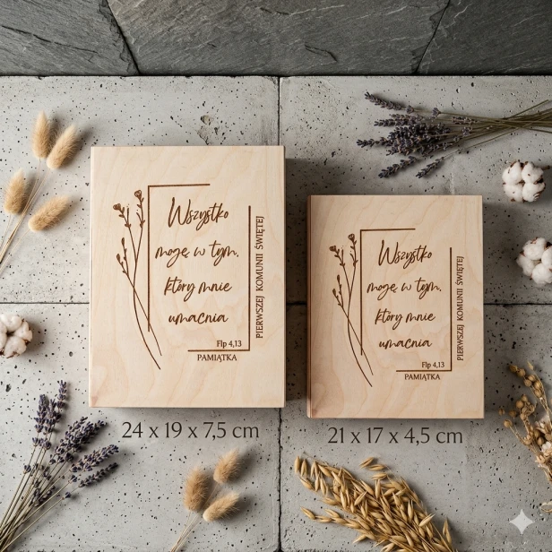 Drewniane pudełko komunijne ELEGANCE z grawerem – LIPOWY BOX IHS™