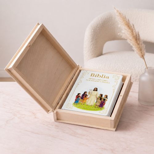 Zestaw prezentowy „Ja jestem chlebem” – Biblia dla dzieci i drewniane pudełko | LIPOWY BOX™