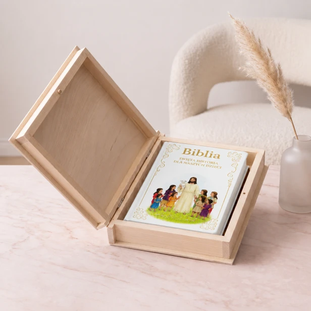 Zestaw prezentowy „Ja jestem chlebem” – Biblia dla dzieci i drewniane pudełko | LIPOWY BOX™