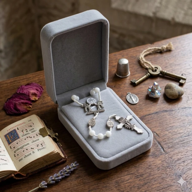 Różaniec do Pierwszej Komunii z białego kwarcu 6 mm – ozdobne pudełko | SACRUM IHS™