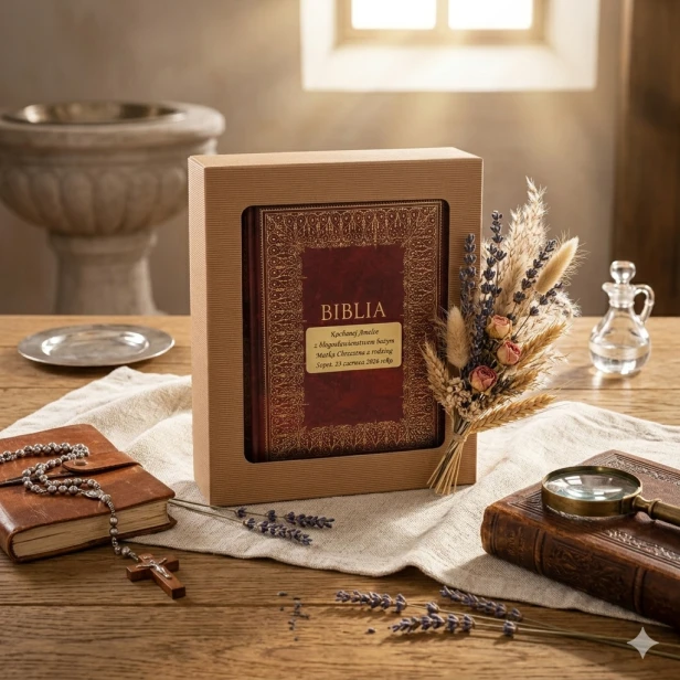 Biblia Rodzinna Domowa z grawerowaną personalizacją – Pismo Święte w etui, elegancka pamiątka religijna dla rodziny