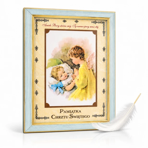 Obrazek dla chłopca na Chrzest Święty z Aniołem Stróżem – do samodzielnego wypisania | 22 × 17 cm