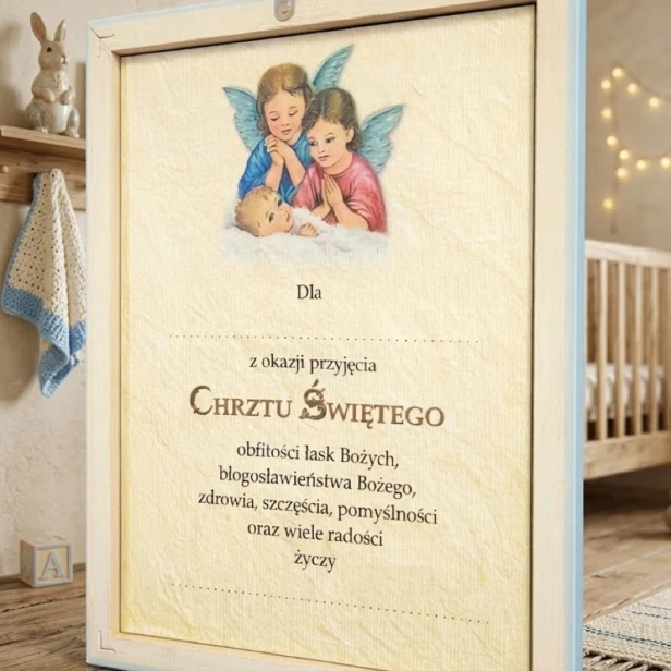 Obrazek dla chłopca na Chrzest Święty z Aniołem Stróżem – do samodzielnego wypisania | 22 × 17 cm