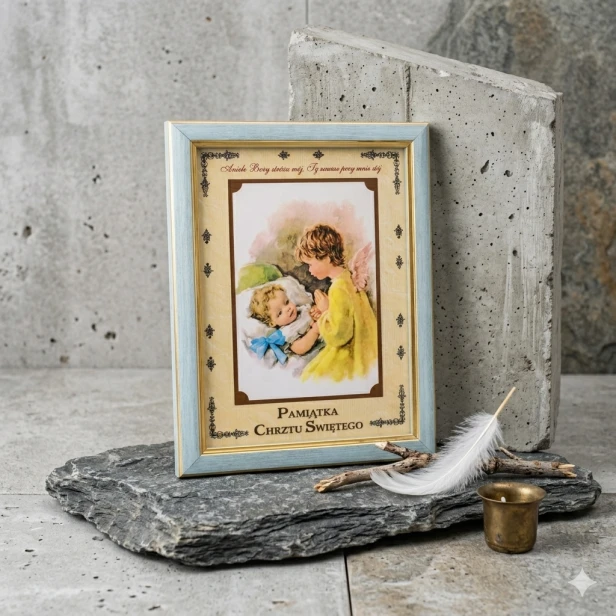 Obrazek dla chłopca na Chrzest Święty z Aniołem Stróżem – do samodzielnego wypisania | 22 × 17 cm