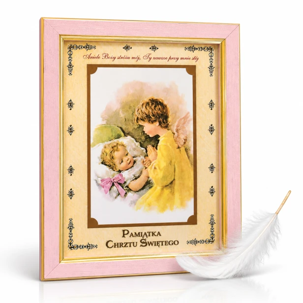 Obrazek dla dziewczynki na Chrzest Święty z Aniołem Stróżem – do samodzielnego wypisania | 22 × 17 cm