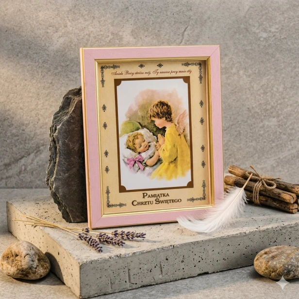 Obrazek dla dziewczynki na Chrzest Święty z Aniołem Stróżem – do samodzielnego wypisania | 22 × 17 cm