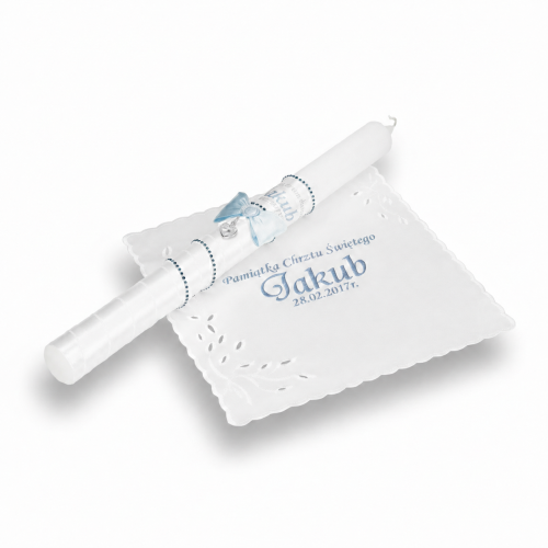 Świeca i Szatka do Chrztu „Glamour Crystal – Blask Wiary” – niebieski zestaw z kryształkiem Preciosa®