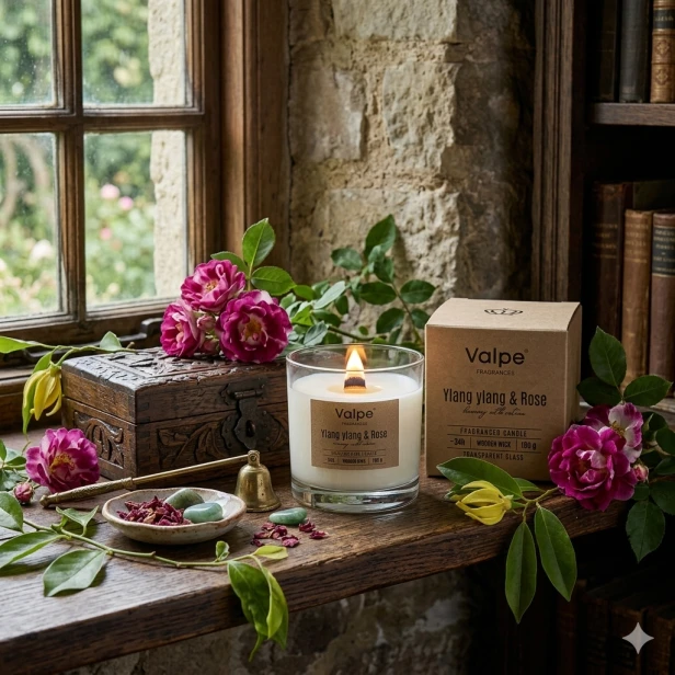 Świeca zapachowa YLANG YLANG & RÓŻA z drewnianym knotem – kwiatowy zapach