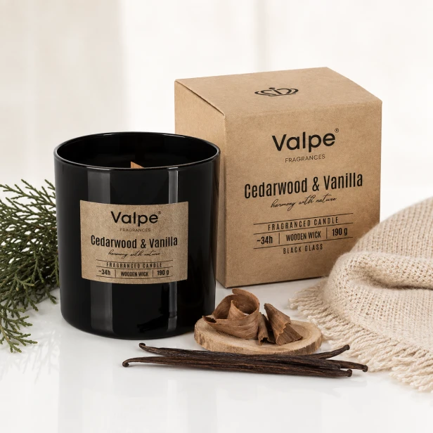 Świeca zapachowa CEDARWOOD & VANILLA z drewnianym knotem – cedr i wanilia