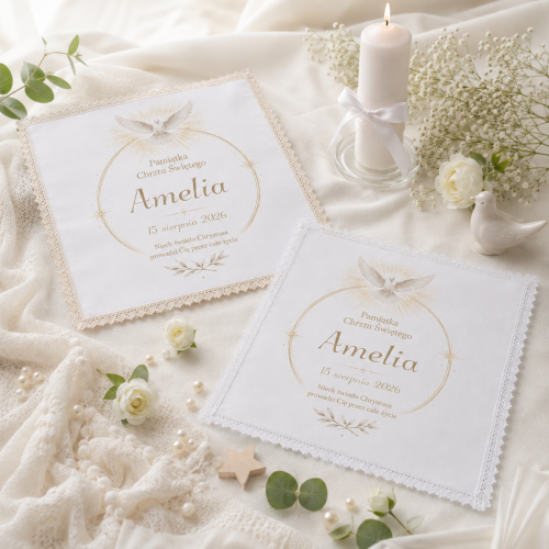 Szatka z koronką na Chrzest Święty LUMEN™ – personalizowana pamiątka z gołębicą