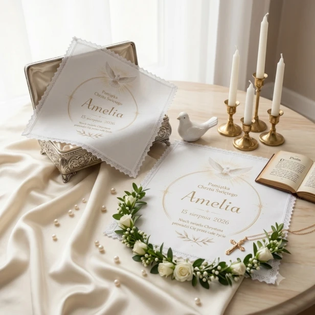 Szatka z koronką na Chrzest Święty LUMEN™ – personalizowana pamiątka z gołębicą