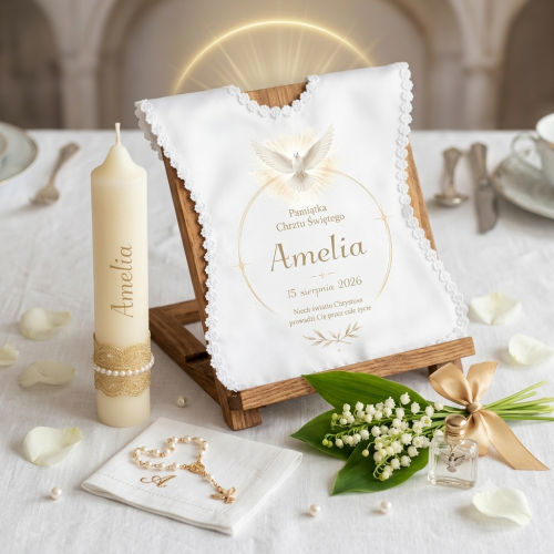 Szatka na Chrzest Święty LUMEN™ – personalizowana pamiątka z gołębicą i światłem